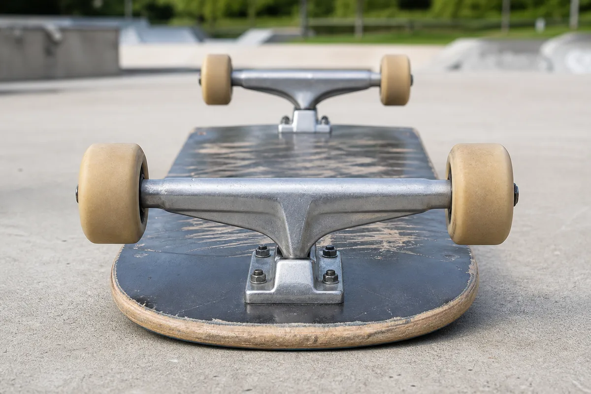 Trucks de skateboard vus de face, essieux alignés avec les rails de la planche