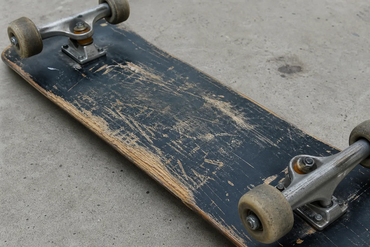 Dessous d’une planche de skate usée montrant l’abrasion asymétrique d’un rail
