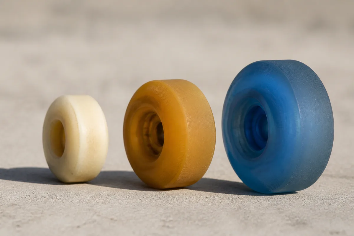 Trois roues de skateboard de tailles différentes posées côte à côte sur du béton clair