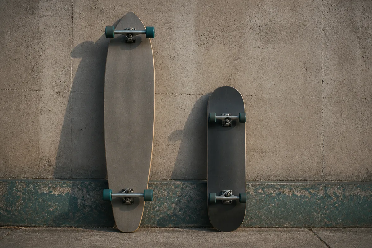 Longboard pintail et deck de street posés debout côte à côte contre un mur béton