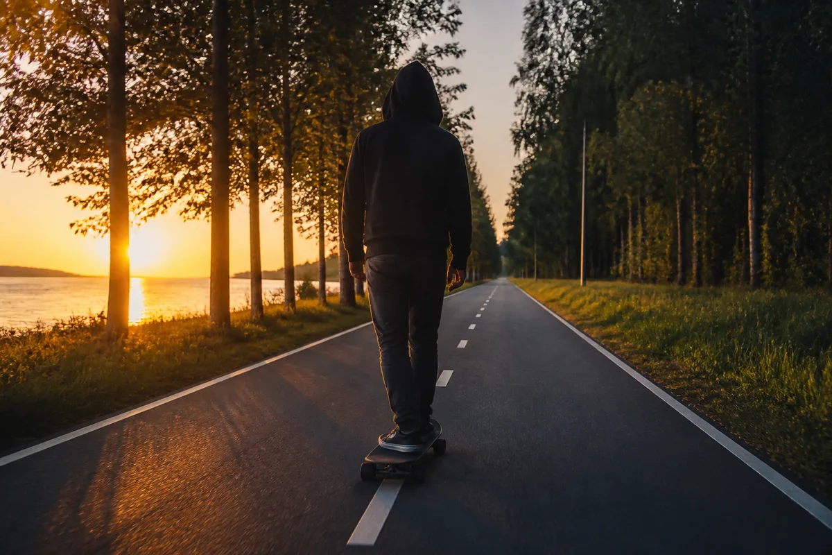 Skateur vu de dos roulant sur une piste cyclable bordée d&rsquo;arbres en fin de journée