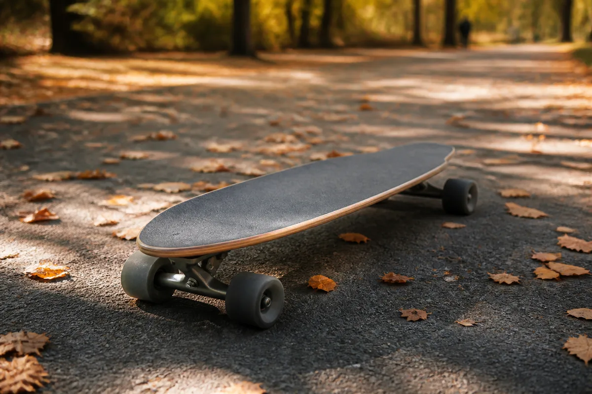 Longboard flexible posé à plat sur une allée goudronnée, feuilles mortes autour
