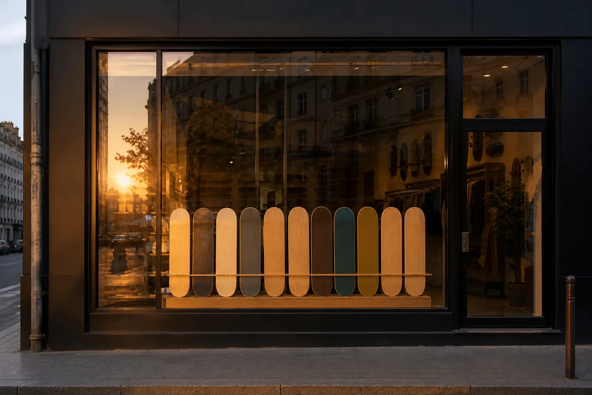 Vitrine d’un skateshop de quartier vue depuis le trottoir, planches alignées derrière le verre