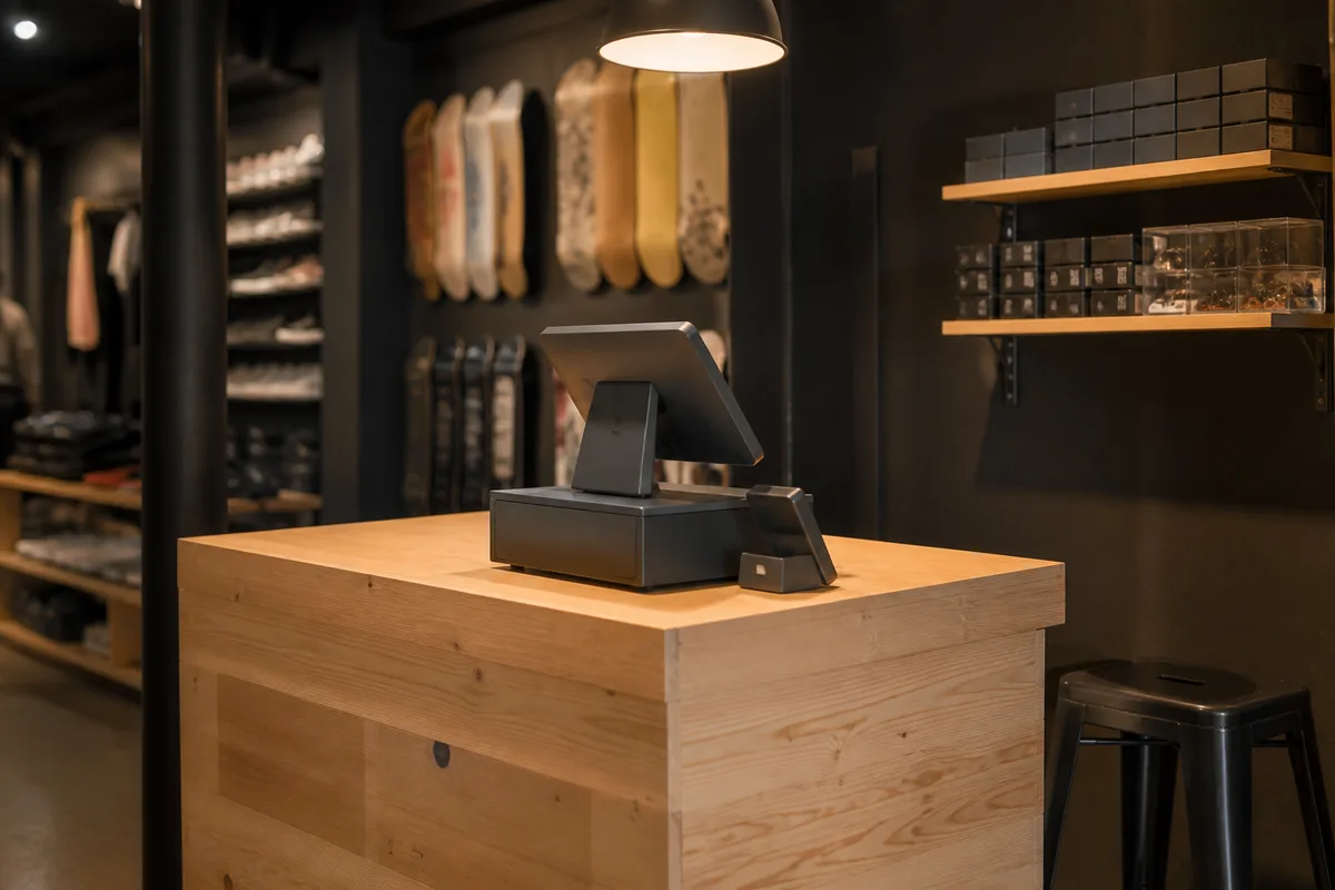 Comptoir en bois clair d’une boutique de skate avec caisse, tabouret et étagère de roulements
